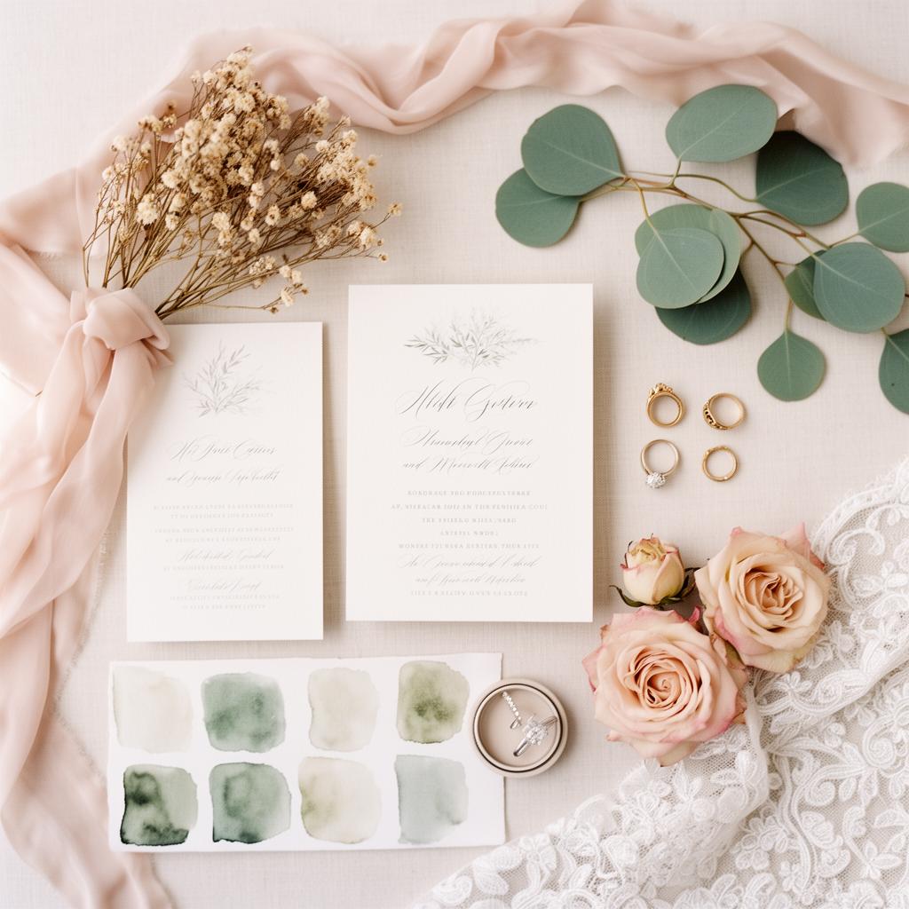 Inspirasi moodboard pernikahan custom — undangan, bunga kering, eucalyptus, palet cat air sage, cincin emas